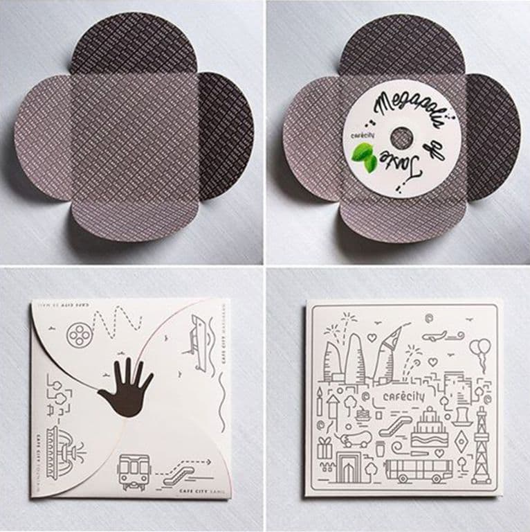 Open and closed disc sleeves with patterns and city illustrations