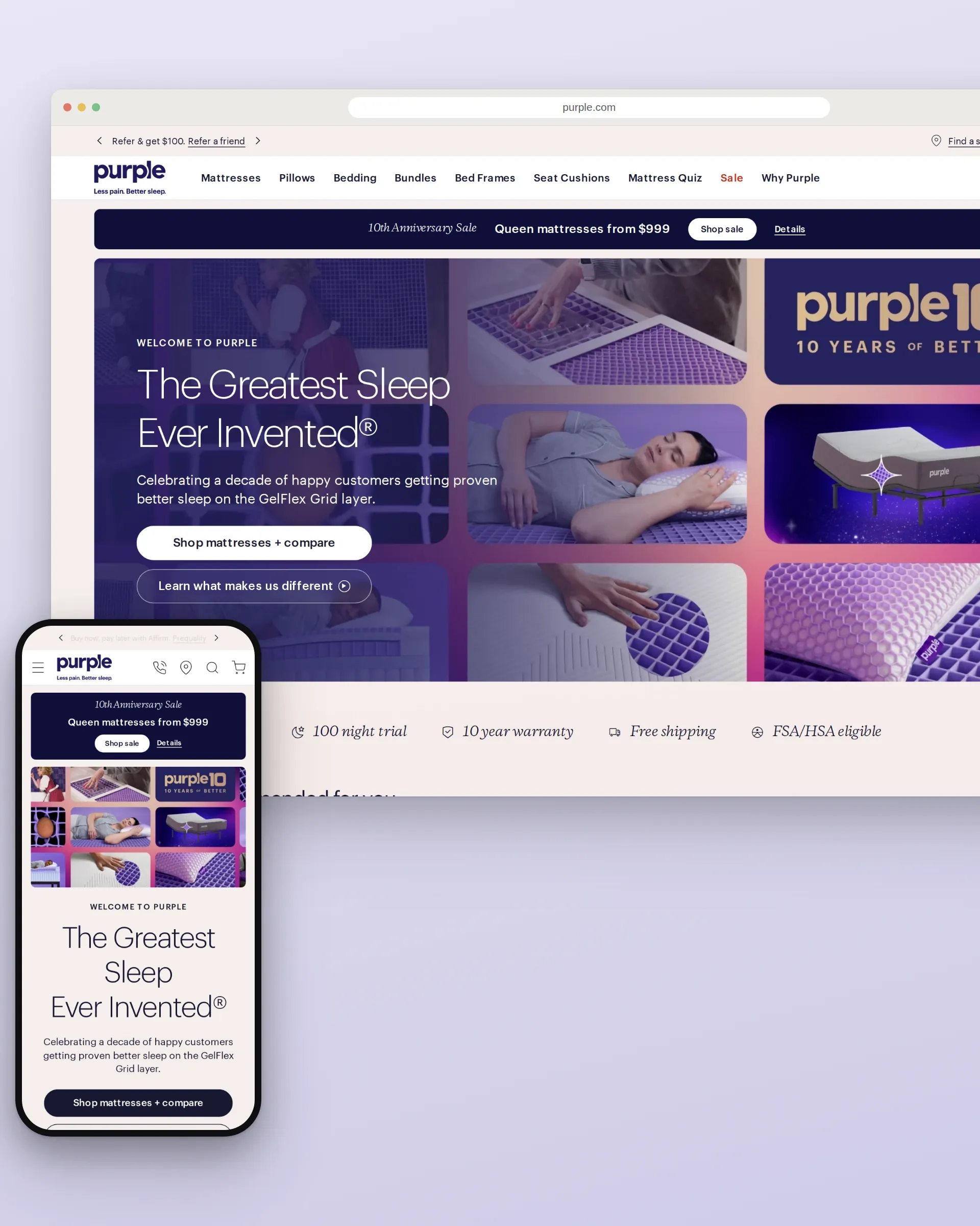 Главная Purple, коллаж с матрасами и спящими людьми в компьютерном браузере и на телефоне